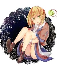 Rule 34 | 1girl, arm warmers, black footwear, blonde hair, blush, boots, braid, brown dress, commentary request, dress, french braid, full body, green eyes, hugging own legs, looking at viewer, mizuhashi parsee, moko (mokochisa), open mouth, pointy ears, scarf, short hair, short ponytail, short sleeves, solo, spoken squiggle, squiggle, touhou, white scarf