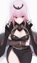 Rule 34 | 1girl, absurdres, armlet, belt, black cloak, blush, breasts, cleavage, cleavage cutout, cloak, closed mouth, clothing cutout, crossed arms, frown, highres, hololive, hololive english, large breasts, long hair, mori calliope, nang z1, pink eyes, pink hair, see-through, shiny skin, side slit, simple background, sitting, sketch, solo, spikes, sweat, tiara, twitter username, veil, very long hair, virtual youtuber, white background