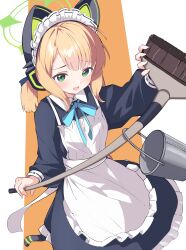 Rule 34 | 1girl, absurdres, animal ear headphones, animal ears, apron, black dress, blonde hair, blue archive, blush, bucket, cat tail, dress, fake animal ears, frilled apron, frilled dress, frills, green eyes, green halo, halo, headphones, highres, long sleeves, looking at viewer, maid, maid apron, maid headdress, midori (blue archive), midori (maid) (blue archive), mushpz, official alternate costume, open mouth, puffy long sleeves, puffy sleeves, short hair, smile, solo, tail, white apron