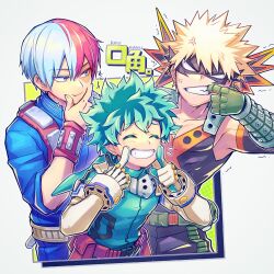 Rule 34 | 3boys, ^ ^, anger vein, angry, bakugou katsuki, belt, belt pouch, black mask, black shirt, black sleeves, blank eyes, blonde hair, blue eyes, blue jacket, boku no hero academia, bracer, burn scar, closed eyes, closed mouth, collarbone, collared jacket, commentary, detached sleeves, elbow gloves, eye mask, flying sweatdrops, freckles, gauntlets, gloves, green belt, green gloves, green hair, green jumpsuit, grey eyes, grin, hair between eyes, hand on own face, hand up, hands up, heterochromia, highres, index finger raised, jacket, jumpsuit, looking at another, male focus, mask, mecyo (mamezurushiki), midoriya izuku, mouth pull, multicolored hair, multiple boys, pectorals, pouch, raised eyebrows, red belt, red hair, scar, scar on face, shirt, short hair, simple background, sleeveless, sleeveless shirt, sleeves past elbows, smile, spiked hair, split-color hair, symbol-only commentary, teeth, todoroki shouto, trembling, two-tone gloves, two-tone hair, v-neck, v-shaped eyebrows, white background, white gloves, white hair
