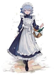 Rule 34 | 1girl, :d, adapted costume, apron, artist name, basket, black footwear, blue dress, blue eyes, blue hair, boots, bottle, commentary request, dress, food, frilled skirt, frills, full body, highres, letty whiterock, long sleeves, looking at viewer, maid apron, open mouth, plumapple3, short hair, skirt, smile, solo, touhou, white apron, white headwear