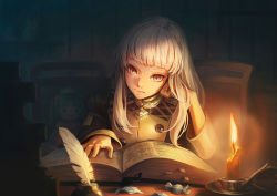 Rule 34 | 1girl, book, candle, candy, chair, closed mouth, doll, fire emblem, fire emblem: three houses, food, kazuko (towa), long hair, long sleeves, lysithea von ordelia, nintendo, open book, pink eyes, sitting, solo, table, white hair
