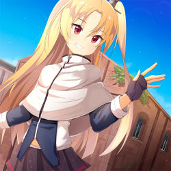 Rule 34 | 1girl, ame., azur lane, black gloves, black skirt, blonde hair, blue jacket, blue sky, building, capelet, cleveland (azur lane), commentary request, day, fingerless gloves, gloves, grin, hair between eyes, hair ornament, hand up, jacket, long hair, long sleeves, looking away, looking to the side, one side up, outdoors, parted bangs, pleated skirt, red eyes, skirt, sky, smile, solo, very long hair, white capelet, window