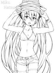 Rule 34 | 1girl, alternate costume, armpits, bikini, bikini top only, blush, bracelet, breasts, character name, cleavage, commentary request, cowboy shot, greyscale, hair between eyes, hair ornament, hat, hatsune miku, highres, jewelry, kitsunerider, long hair, looking at viewer, medium breasts, monochrome, navel, open mouth, short shorts, shorts, simple background, solo, stacked hats, swimsuit, thighhighs, twintails, very long hair, vocaloid