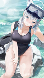 Rule 34 | 1girl, absurdres, animal ear fluff, animal ears, black one-piece swimsuit, blue archive, blue halo, breasts, cleavage, competition swimsuit, covered navel, cross, cross hair ornament, extra ears, goggles, goggles on head, hair ornament, halo, highleg, highleg swimsuit, highres, inverted cross, large breasts, low ponytail, mismatched pupils, multicolored clothes, multicolored swimsuit, official alternate costume, one-piece swimsuit, sadan1317, shiroko (blue archive), shiroko (swimsuit) (blue archive), snorkel, solo, swimsuit, two-tone swimsuit, wolf ears