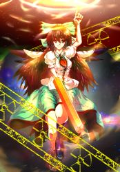 Rule 34 | 1girl, arm cannon, asymmetrical clothes, asymmetrical footwear, bad id, bad pixiv id, black hair, bow, brown eyes, caution, female focus, mismatched footwear, radiation symbol, reiuji utsuho, solo, sousakubito, touhou, weapon, wings