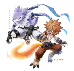 Rule 34 | belt, claws, digimon, fang, fire, flamon, highres, jewelry, kanji, ring, strabimon, tail