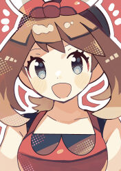 Rule 34 | 1girl, :d, anidler91, blue eyes, bow, brown hair, creatures (company), eyelashes, game freak, hair bow, highres, looking at viewer, may (pokemon), nintendo, open mouth, pokemon, pokemon oras, red background, red bow, red shirt, shirt, sleeveless, sleeveless shirt, smile, solo, upper body