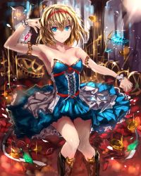 Rule 34 | 1girl, adapted costume, alice margatroid, armpits, bad id, bad pixiv id, bare arms, bare shoulders, blue dress, blue eyes, boots, collarbone, cross-laced footwear, dress, hairband, looking at viewer, moruchi (rinaka moruchi), solo, strapless, strapless dress, touhou, wrist cuffs