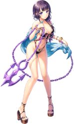 Rule 34 | 1girl, bare legs, bare shoulders, breasts, cleavage, closed mouth, feet, full body, groin, highres, holding, holding weapon, legs, light smile, long hair, looking at viewer, medium breasts, navel, o-ring, purple eyes, purple hair, sandals, smile, solo, standing, swimsuit, thighs, toes, transparent background, unitia, weapon