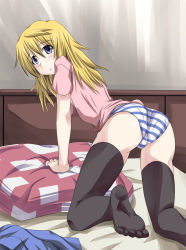 Rule 34 | 10s, 1girl, all fours, ass, bed, blonde hair, charlotte dunois, feet, infinite stratos, long hair, long legs, looking back, mister (black and white), panties, pillow, purple eyes, solo, striped clothes, striped panties, thighhighs, underwear