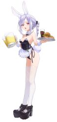 Rule 34 | 1girl, absurdres, alcohol, animal ears, apron, banknote, bare shoulders, beer, beer mug, black bow, black bowtie, black footwear, black leotard, blue hair, bow, bowtie, breasts, bright pupils, burger, character request, cleavage, commentary request, copyright request, cup, detached collar, drill hair, drinking glass, fast food, food, french fries, frilled apron, frills, full body, hair bow, highres, holding, holding cup, holding tray, leotard, long legs, looking at viewer, medium breasts, money, mug, open mouth, platform footwear, rabbit ears, rabbit girl, rabbit tail, red eyes, shiunnkaku, short hair, sidelocks, simple background, smile, soda, solo, standing, strapless, strapless leotard, tail, teeth, thighhighs, tray, upper teeth only, waist apron, white apron, white background, white pupils, white thighhighs, white wrist cuffs, wrist cuffs