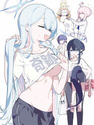 Rule 34 | 6+girls, ?, ahoge, aoi (blue archive), ayumu (blue archive), ba fed kitaku, bag, barefoot, black hair, black shorts, blonde hair, blue archive, blue eyes, blue hair, breasts, carrying, carrying person, carrying under arm, closed eyes, closed mouth, general student council president (blue archive), glasses, halo, holding, holding bag, holding clothes, holding shirt, kaya (blue archive), large breasts, lifting own clothes, long hair, looking at another, momoka (blue archive), multiple girls, open mouth, pink hair, pointy ears, rin (blue archive), shirt, short hair with long locks, short sleeves, shorts, sweat, t-shirt, tail, very long hair, white background, white shirt