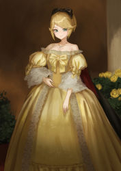 Rule 34 | 1girl, absurdres, aku no musume (vocaloid), bare shoulders, black bow, blonde hair, bow, brown background, closed mouth, collarbone, dress, flower, green eyes, hair bow, hand on own hip, highres, jewelry, kagamine rin, long dress, looking at viewer, minyork, necklace, off-shoulder dress, off shoulder, riliane lucifen d&#039;autriche, short hair, smile, solo, standing, swept bangs, vocaloid, yellow dress, yellow flower