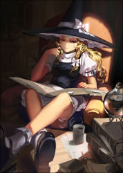 Rule 34 | 1girl, alphonse (white datura), armchair, bad id, bad pixiv id, blonde hair, bobby socks, book, braid, breasts, chair, crossed legs, feet on table, female focus, foreshortening, hat, kirisame marisa, legs, mary janes, open book, quill, reading, shade, shoes, sitting, small breasts, smile, socks, solo, touhou, white socks, witch, witch hat, yellow eyes