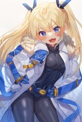 Rule 34 | 1girl, :d, bandaid, bandaid on cheek, bandaid on face, black bodysuit, blonde hair, blue eyes, blush, bodysuit, breasts, coat, contrapposto, fang, fur collar, goddess of victory: nikke, hands on own hips, headgear, highres, laplace (nikke), long hair, looking at viewer, open mouth, shimada (smd dms), sidelocks, skin fang, skin tight, small breasts, smile, solo, standing, twintails, two-tone gloves, white coat