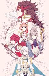 Rule 34 | 2girls, 3boys, alternate costume, armor, bird wings, brother and sister, brothers, brown hair, cape, cherry blossoms, corrin (fire emblem), corrin (male) (fire emblem), corrin (male) (fire emblem), family, fire emblem, fire emblem fates, gloves, grey hair, hair between eyes, hairband, hinoka (fire emblem), intelligent systems, japanese clothes, long hair, multiple boys, multiple girls, nintendo, official alternate costume, orange eyes, petals, pink hair, pointy ears, polearm, ponytail, red eyes, red hair, ryoma (fire emblem), sakura (fire emblem), short hair, siblings, sisters, staff, takumi (fire emblem), weapon, white armor, wings, yoonmi