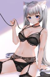 Rule 34 | 1girl, :o, animal ear fluff, animal ears, bare shoulders, black bra, black panties, black thighhighs, blue eyes, bra, breasts, cat ears, cat girl, cleavage, frilled bra, frills, garter belt, grey hair, highres, katsushika pachi, lace, lace-trimmed bra, lace-trimmed panties, lace trim, lingerie, long hair, medium breasts, navel, original, panties, sidelocks, solo, stomach, thighhighs, twintails, underwear, underwear only, very long hair