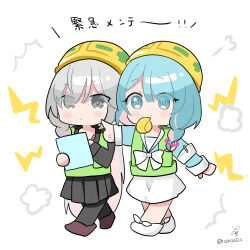 Rule 34 | 2girls, arona (blue archive), black eyes, black footwear, black pantyhose, black skirt, blowing whistle, blue archive, blue eyes, blue hair, braid, chibi, closed mouth, colored inner hair, commentary request, full body, green vest, grey hair, hard hat, helmet, holding, holding paper, holding pen, long sleeves, looking ahead, multicolored hair, multiple girls, pantyhose, paper, pen, pink hair, plana (blue archive), pleated skirt, pointing, ribbon, side braid, signature, simple background, skirt, tochisa (tochisa513), twitter username, vest, walking, white background, white footwear, white ribbon, white skirt, yellow headwear