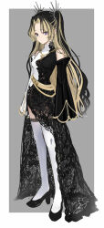 Rule 34 | 1girl, bare shoulders, black dress, black footwear, black hair, blonde hair, breasts, detached sleeves, dress, earrings, expressionless, full body, hair ornament, high heels, highres, isshiki (ffmania7), jewelry, long hair, multicolored hair, necklace, original, pointy ears, purple eyes, sketch, sleeves past fingers, sleeves past wrists, small breasts, solo, thighhighs, two-tone background, two-tone dress, two-tone hair, two side up, very long hair, white dress, white thighhighs