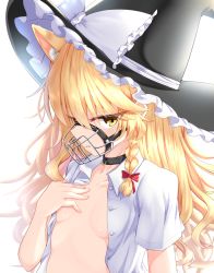 Rule 34 | 1girl, animal ear fluff, animal ears, black choker, black hat, blonde hair, bow, braid, breasts, cat ears, choker, clenched teeth, collarbone, commentary request, frilled bow, frills, hair between eyes, hair bow, hand on own chest, hat, hat bow, highres, kirisame marisa, long hair, looking at viewer, muzzle, open clothes, open shirt, parted lips, rankasei, red bow, shirt, short sleeves, simple background, single braid, small breasts, solo, teeth, touhou, tsurime, upper body, white background, white bow, white shirt, witch hat, yellow eyes