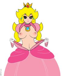 Rule 34 | 1girl, artist name, blonde hair, blue eyes, breasts, clothes pull, colorized, dress, gloves, highres, long hair, looking at viewer, makeup, mario (series), medium breasts, navel, nintendo, nipples, pink lips, princess, princess peach, smile, solo, super mario bros. 1, weapontheory, whatsalewd