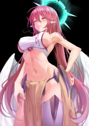 Rule 34 | 1girl, angel wings, black background, black panties, blush, breasts, bright pupils, cleft of venus, commission, spiked halo, cowboy shot, crop top, feathered wings, from below, glowing, glowing eyes, groin, hair between eyes, halo, hand on own hip, highres, jibril (no game no life), k pring, large breasts, long hair, low wings, magic circle, midriff, navel, no game no life, panties, parted lips, pelvic curtain, pink hair, purple thighhighs, sideboob, simple background, single thighhigh, solo, stomach, tattoo, thighhighs, underwear, very long hair, white wings, wing ears, wings, yellow eyes