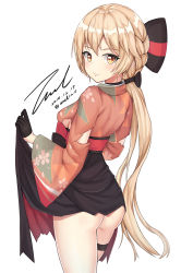 Rule 34 | 1girl, ass, black gloves, blush, braid, braiding hair, breasts, chinese text, choker, closed mouth, clothes lift, dated, floral print, from behind, girls&#039; frontline, gloves, hairdressing, half gloves, high-waist skirt, holding, holding clothes, holding skirt, holster, long hair, looking at viewer, looking back, meiji schoolgirl uniform, no panties, official alternate costume, orange eyes, ots-14 (flurry of petals) (girls&#039; frontline), ots-14 (girls&#039; frontline), pink hair, ribbon, sideboob, signature, simple background, skirt, skirt lift, smile, solo, thigh holster, thigh strap, thighs, torn clothes, torn skirt, twitter username, unel1211, very long hair, white background