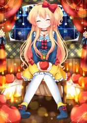 Rule 34 | apple, blonde hair, blush, boots, bow, candle, choker, curtains, closed eyes, fire, fire, flower, food, fruit, hair bow, hairband, highres, jewelry, long hair, necklace, original, pantyhose, ringo yuyu, side ponytail, skirt, smile, snow, snowflakes, solo, star (symbol), window