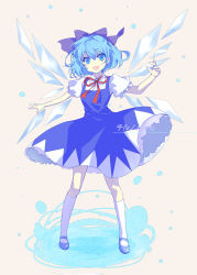 Rule 34 | 1girl, :d, blue eyes, blue hair, bow, cirno, dress, female focus, full body, hair bow, ice, kneehighs, mary janes, matching hair/eyes, open mouth, petticoat, shoes, short sleeves, smile, socks, solo, standing, touhou, wings, xingna