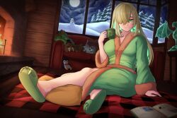 Rule 34 | 1girl, arm support, bathrobe, blonde hair, book, breasts, closed mouth, cloud, cloudy sky, colored inner hair, commentary, commission, crossed legs, cup, dutch angle, efreezerarts, english commentary, eyelashes, fireplace, foreshortening, full body, full moon, fur trim, green eyes, green hair, green nails, green robe, hair over one eye, highres, holding, indoors, large breasts, legs, long sleeves, looking at viewer, moon, mug, multicolored hair, night, night sky, on floor, original, robe, sitting, sky, slippers, slit pupils, snow, snowman, solo, stuffed animal, stuffed toy, tree