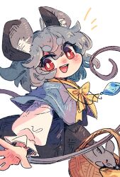 Rule 34 | 1girl, ahoge, animal ear fluff, animal ears, basket, black skirt, blue capelet, bow, bright pupils, capelet, cropped legs, grey hair, highres, holding, holding with tail, jewelry, long sleeves, mame komari, medium hair, mouse (animal), mouse ears, mouse tail, nazrin, notice lines, one-hour drawing challenge, open mouth, pendant, prehensile tail, red eyes, shirt, simple background, skirt, smile, solo, tail, teeth, thick eyebrows, touhou, twitter username, upper teeth only, white background, white shirt, yellow bow