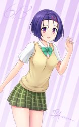 Rule 34 | 1girl, :d, aposine, blue hair, breasts, collared shirt, cowboy shot, green neckwear, green skirt, hair intakes, hair ornament, highres, leaning forward, looking at viewer, medium breasts, miniskirt, open mouth, plaid, plaid skirt, pleated skirt, purple eyes, sairenji haruna, shirt, short hair, skirt, smile, solo, standing, striped, striped background, sweater, sweater vest, to love-ru, white shirt, wing collar, yellow sweater