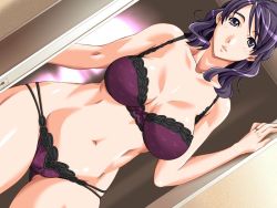 Rule 34 | 1girl, bra, breasts, cleavage, complets, dutch angle, female focus, game cg, hobara naoko, huge breasts, jewelry, large breasts, lingerie, long hair, mama shibori 2, mame, mature female, navel, panties, purple bra, purple hair, purple panties, ring, solo, underwear, underwear only