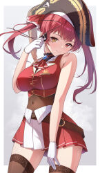 Rule 34 | 1girl, absurdres, ascot, belt, border, breasts, brown belt, brown thighhighs, cleavage, closed mouth, covered navel, cropped vest, eyepatch, unworn eyepatch, floating hair, gloves, gold trim, hand up, hat, heterochromia, highres, holding eyepatch, hololive, houshou marine, houshou marine (1st costume), iroha (unyun), large breasts, miniskirt, pirate hat, pleated skirt, plume, red ascot, red eyes, red hair, red skirt, see-through, see-through cleavage, skirt, smile, solo, thighhighs, twintails, vest, virtual youtuber, white border, white gloves, yellow eyes, zettai ryouiki