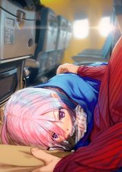 Rule 34 | 1boy, 1girl, airplane interior, alternate costume, blanket, blurry, blurry background, censored, cum, erection, unworn eyewear, facial, fate/grand order, fate (series), glasses, handjob, harutoshi, highres, lap pillow, looking at another, mash kyrielight, mosaic censoring, penis, pink hair, purple eyes, smile, solo focus, stealth handjob, stealth sex