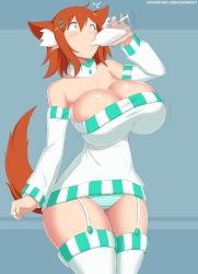 Rule 34 | animal ears, blush, breast expansion, breasts, cleavage, detached collar, kainkout, milk, panties, surprised, tail, thighhighs, underwear