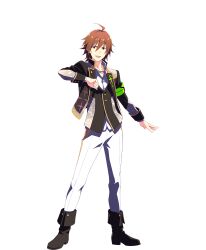 Rule 34 | 1boy, ahoge, amagase touma, black footwear, boots, brown hair, full body, hair between eyes, highres, idolmaster, idolmaster side-m, idolmaster side-m growing stars, jewelry, male focus, necklace, official alternate costume, open mouth, pants, smile, solo, teeth, transparent background, upper teeth only, white pants