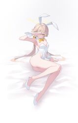 Rule 34 | 1girl, absurdres, alternate costume, animal ears, arume ad, ass, bare legs, bed sheet, blue archive, blush, bow, bowtie, breasts, detached collar, fake animal ears, full body, halo, hifumi (blue archive), high heels, highleg, highleg leotard, highres, leotard, light brown hair, long hair, looking at viewer, lying, on side, one eye covered, playboy bunny, rabbit ears, small breasts, smile, solo, twintails, very long hair, white footwear, white leotard, wrist cuffs, yellow bow, yellow bowtie
