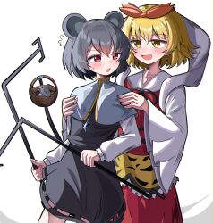 Rule 34 | 2girls, :d, animal ears, animal print, basket, blonde hair, blue capelet, capelet, commentary, dowsing rod, english commentary, grey hair, grey shirt, grey skirt, highres, jewelry, long sleeves, looking at another, mouse (animal), mouse ears, mouse girl, mouse tail, multiple girls, nazrin, open mouth, pendant, red eyes, shawl, shirt, short hair, simple background, skirt, smile, spam (spamham4506), tail, tiger print, toramaru shou, touhou, white background, wide sleeves, yellow eyes