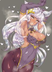 Rule 34 | 1girl, alternate color, alternate skin color, animal ears, armpits, arms up, backless outfit, black gloves, black pantyhose, blunt bangs, breasts, cleavage, commentary request, covered navel, cowboy shot, dark-skinned female, dark skin, elbow gloves, erune, gloves, gold trim, granblue fantasy, grey eyes, hair ornament, heart, highleg, highleg leotard, highres, korwa, large breasts, leotard, long hair, looking at viewer, pantyhose, parted lips, shiny skin, sideboob, silver hair, smile, solo, steaming body, wakura (gcdan)