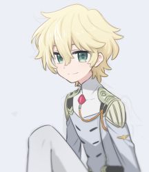 Rule 34 | 1boy, bad id, bad pixiv id, blonde hair, closed mouth, collar, commentary request, darling in the franxx, green eyes, grey background, hair between eyes, jacket, long sleeves, looking at viewer, male focus, military, military uniform, mt.somo, nine alpha, simple background, sitting, smile, solo, uniform, upper body