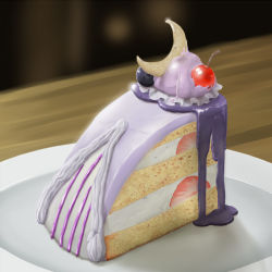 Rule 34 | bad id, bad pixiv id, blueberry, blurry, cake, cake slice, cherry, crescent, depth of field, dripping, female focus, food, food focus, foodification, fruit, icing, indoors, layer cake, no humans, objectification, parody, pastry, patchouli knowledge, picture otaku only knows, plate, realistic, solo, sponge cake, still life, strawberry, strawberry shortcake, table, touhou, transformation, unagi88, wooden table