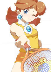 Rule 34 | 1girl, 34 (sanjushi), blue eyes, breasts, brown hair, closed mouth, earrings, flower earrings, highres, jewelry, long hair, looking at viewer, mario (series), mario tennis, nintendo, one eye closed, princess daisy, racket, shorts, simple background, smile, solo, tennis daisy, tennis racket, white background