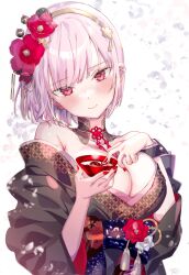 Rule 34 | 1girl, absurdres, blush, breasts, cleavage, highres, hololive, hololive english, japanese clothes, kamiya maneki, large breasts, looking at viewer, mori calliope, mori calliope (new year), nail polish, pink hair, red eyes, short hair, simple background, smile, solo, virtual youtuber