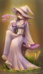 Rule 34 | 10s, 1girl, basket, breasts, cleavage, dress, hair over one eye, hat, highres, lipstick, little witch academia, long hair, makeup, mushroom, pink lips, purple hair, solo, sucy manbavaran, witch hat