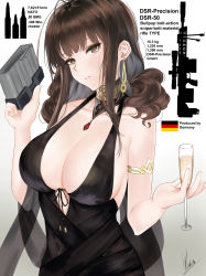Rule 34 | .308 winchester, .50 bmg, 1girl, 7.62x51mm nato, ahoge, alcohol, ammunition, anti-materiel cartridge, anti-materiel rifle, armlet, bare shoulders, black dress, blast compensator, blunt bangs, blush, bolt-action rifle, bolt action, breasts, brown hair, bullpup, champagne flute, choker, cleavage, collarbone, compensator, cup, cupping glass, dress, drinking glass, dsr-50, dsr-50 (girls&#039; frontline), dsr-50 (highest bid) (girls&#039; frontline), earrings, english text, flower, full-power cartridge, gem, german flag, girls&#039; frontline, gun, head tilt, highres, hmg cartridge, holding, holding cup, holding drinking glass, holding magazine (weapon), information sheet, jewelry, large breasts, lmg cartridge, long hair, looking at viewer, magazine (weapon), magnum cartridge, match grade ammunition, military cartridge, muzzle device, no bra, official alternate costume, parted lips, petals, piukute062, red eyes, red gemstone, rifle, rifle cartridge, shawl, sidelocks, signature, skindentation, smile, sniper rifle, solo, suppressor, upper body, weapon