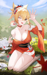 Rule 34 | 1girl, ;d, absurdres, bare shoulders, barefoot, black sash, blonde hair, blue sky, breasts, candy shunya, cleavage, commentary request, day, genshin impact, hand up, highres, japanese clothes, kimono, large breasts, long sleeves, looking at viewer, obi, off shoulder, one eye closed, open mouth, orange kimono, ponytail, sash, seiza, short hair, sitting, sky, smile, solo, thighs, yellow eyes, yoimiya (genshin impact)