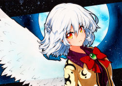 Rule 34 | 1girl, bad id, bad pixiv id, blue background, blue moon, hair between eyes, kishin sagume, looking at viewer, moon, open mouth, qqqrinkappp, short hair, single wing, solo, touhou, traditional media, wings