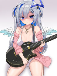 Rule 34 | 1girl, amane kanata, angel, angel wings, ashiru, asymmetrical bangs, bikini, blue eyes, blue hair, bocchi the rock!, collar, collarbone, colored inner hair, cosplay, electric guitar, feathered wings, flat chest, gibson les paul, gotoh hitori, gotoh hitori (cosplay), gradient wings, grey hair, guitar, halo, highres, holding, holding instrument, hololive, instrument, jacket, mini wings, multicolored hair, multicolored wings, off shoulder, official alternate hair length, official alternate hairstyle, oversized clothes, single hair intake, solo, star halo, streaked hair, swimsuit, track jacket, virtual youtuber, white bikini, wings